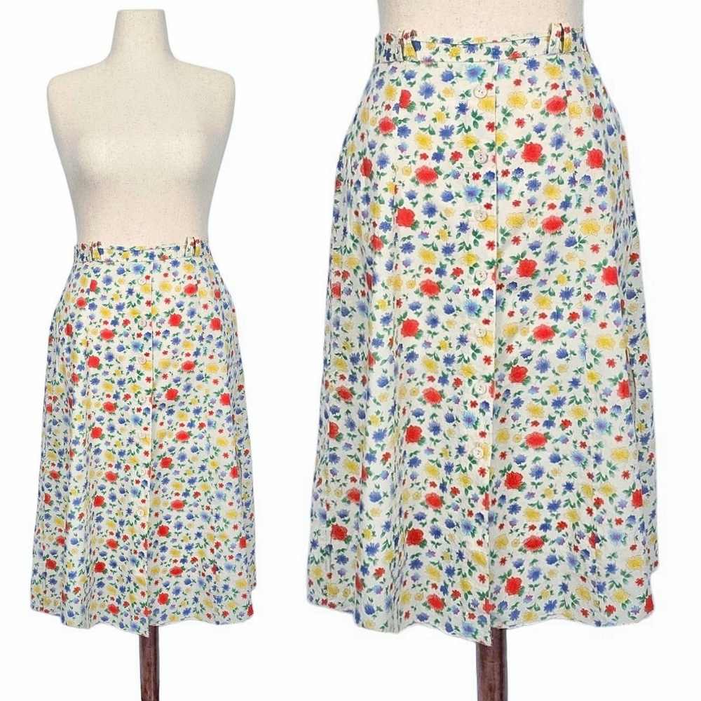 1980s Vintage Floral Skirt Pockets 80s Cream Midi Colorful Flowers Large Size L